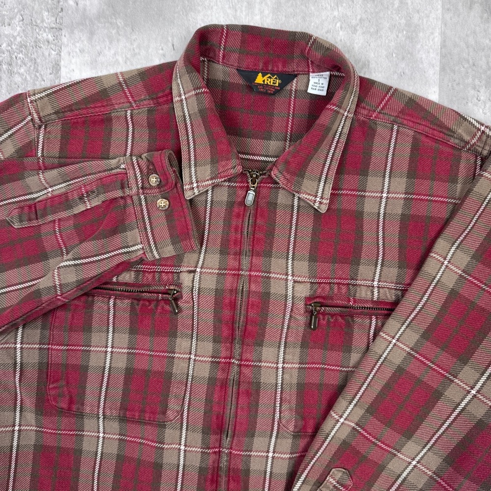 Vintage REI Flannel Shirt Mens S Red Plaid Zip Pocket Heavyweight Granola 80s